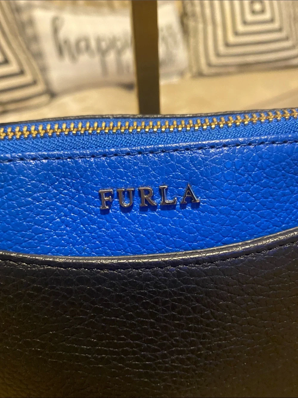 Furla Black Leather Crossbody with Blue Interior and Gold Chain